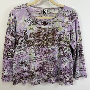 Vintage Shana K XL‎ Lavender Floral Poem Script Glitter Top Shirt Womens Y2K